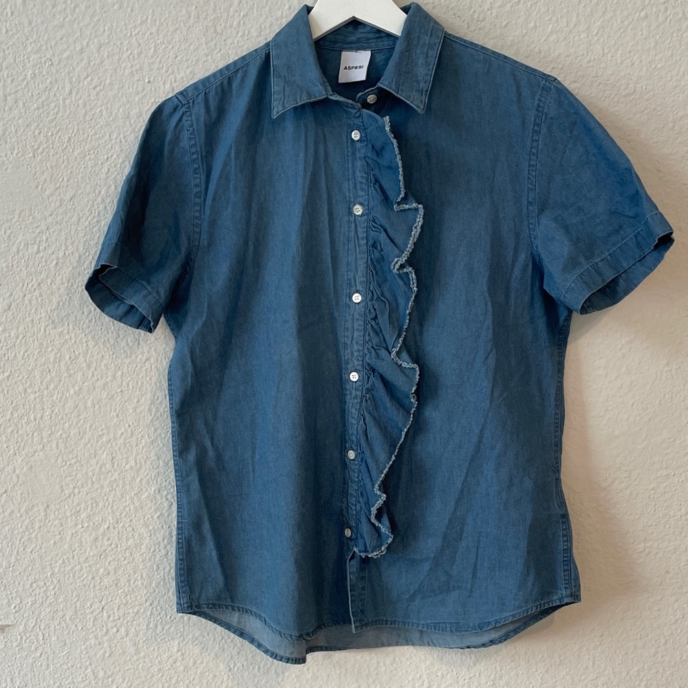 Aspesi Blue Denim Ruffle-Front Short Sleeve button front Shirt size Small